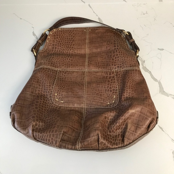 Max New York Fold Over Hobo Brown Croc Embossed Leather Handbag Purse - Picture 11 of 15